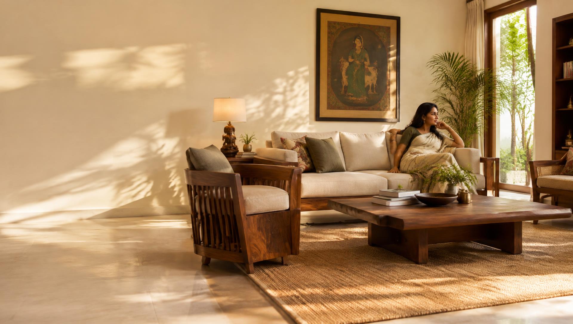 Solid wood coffee table and armchair in a living room