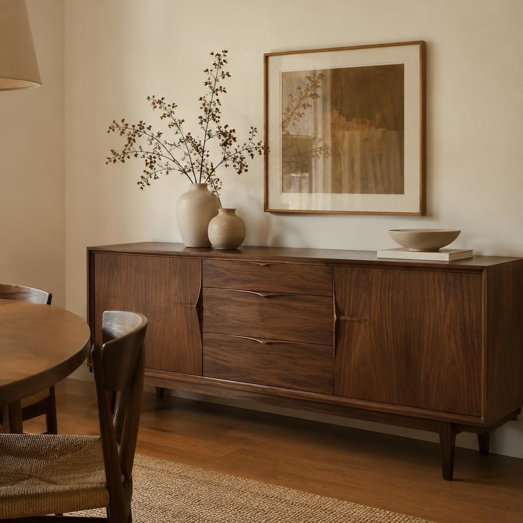 Walnut sideboard detail with ceramic vases