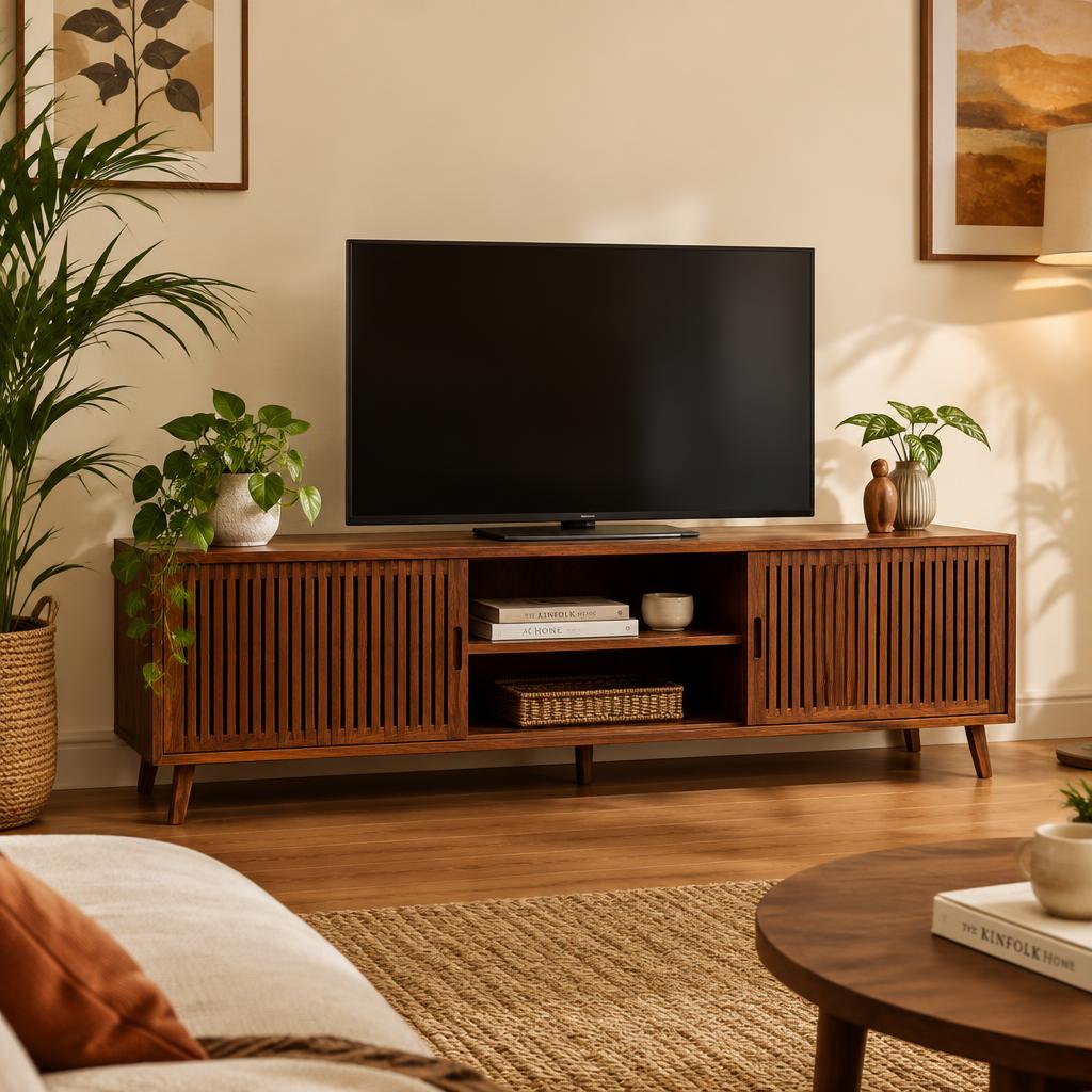 Living room with a slatted wooden TV unit