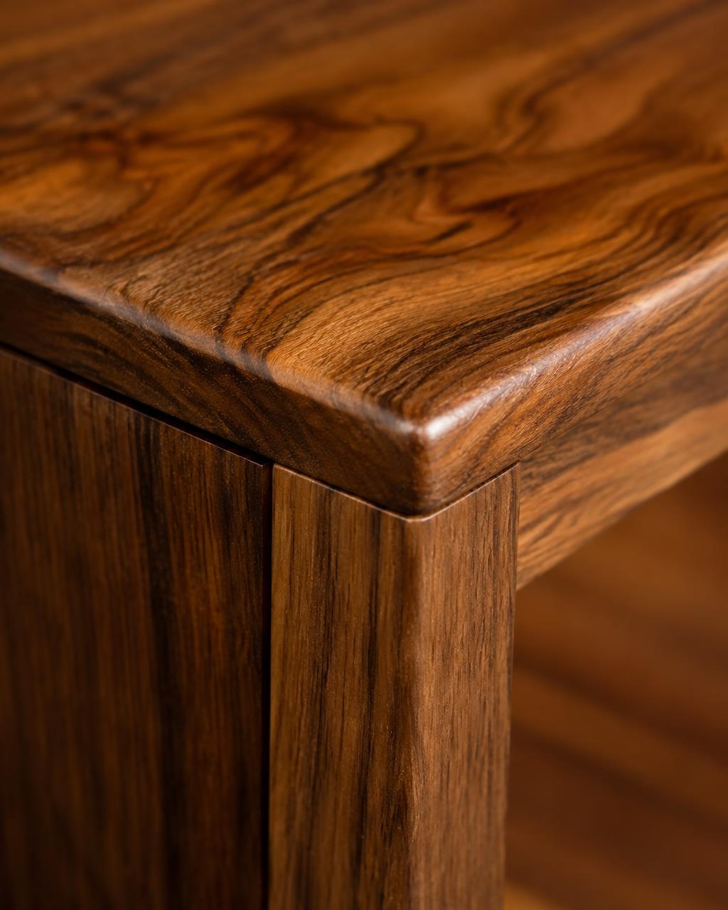 Close-up of rich wood grain on a furniture corner